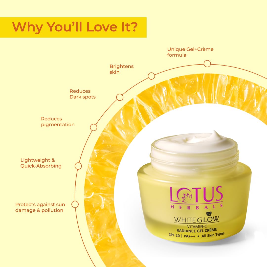 Lotus Herbals WhiteGlow Vitamin C Gel Cream | Reduces Dark Spots | Boosts Radiance | SPF 20 PA+++ 50g