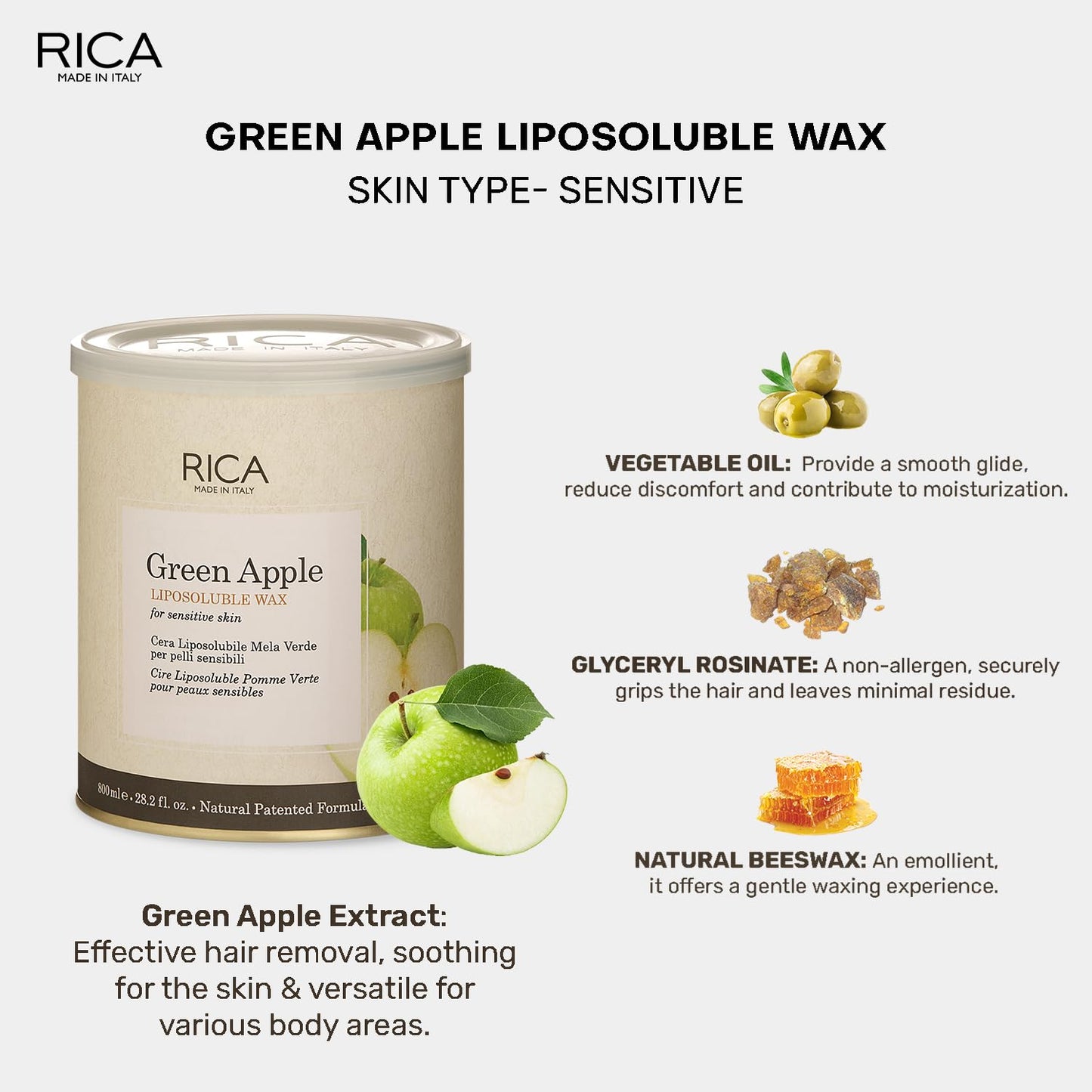 Rica Green Apple Wax | Liposoluble Wax For Sensitive Skin - 800ml